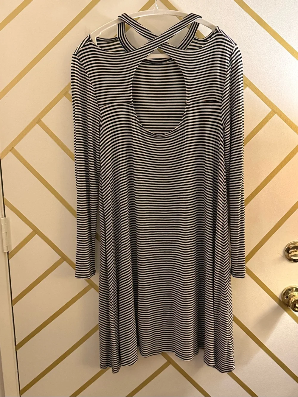 American Heritage Striped Long-Sleeve Swing Dress with Keyhole Back